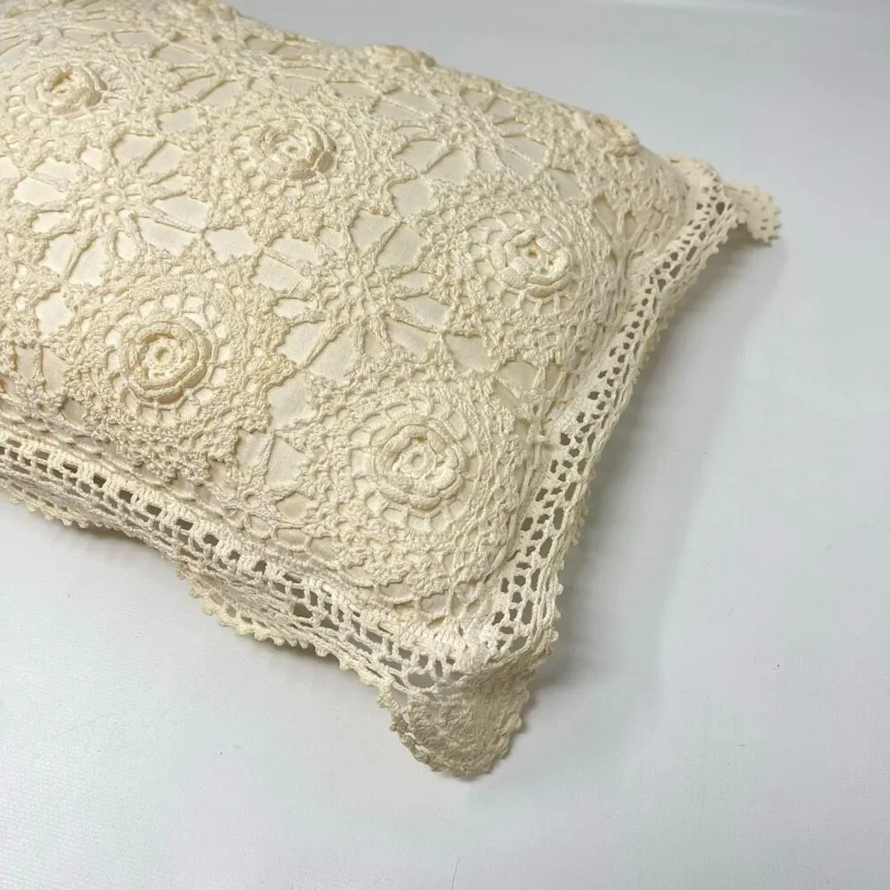 Vintage Hand Crochet Lace Throw Pillow Cover Cream Cotton Floral Boho 16x10